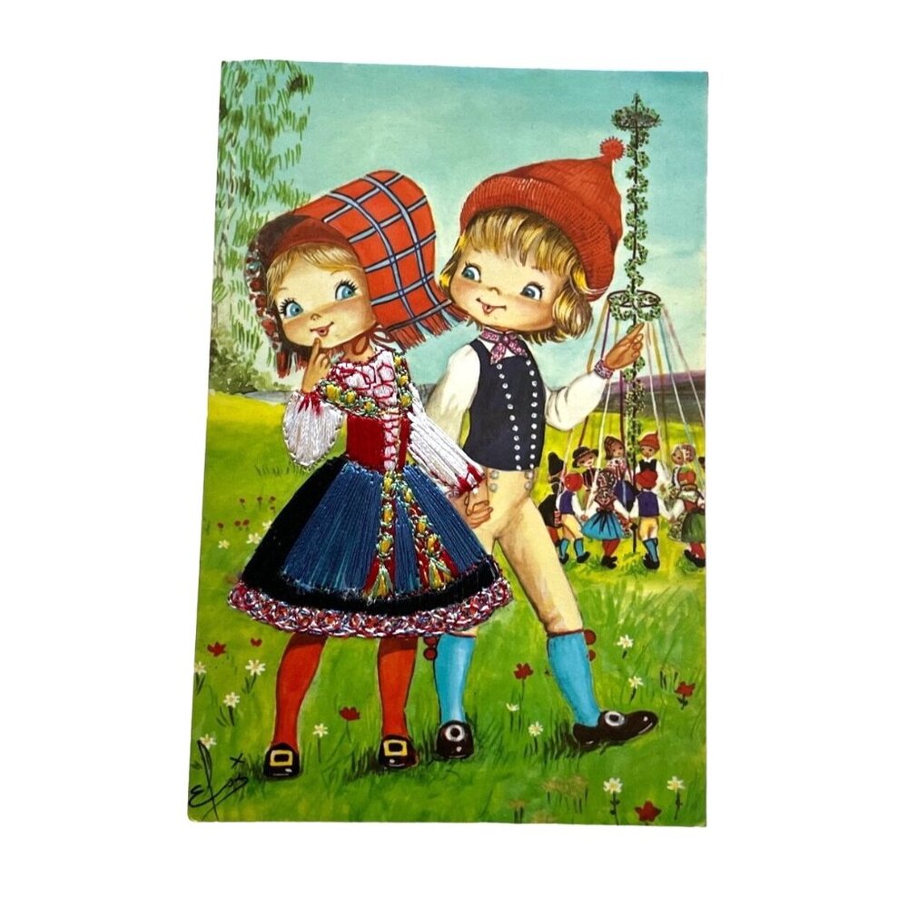 Vintage Postcard Swedish Boy Girl At Fair Actual Needle Point Dress  RARE u Topo